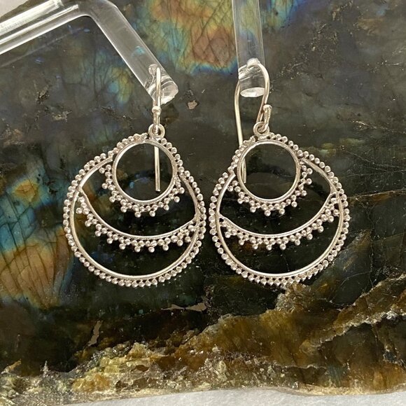 Sterling Silver 925 ATI ID 1.5" Round Bali Bead Style Dangle Earrings - Picture 2 of 16